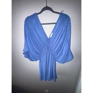 Bucket List Blouse Womens L Blue‎ T1369 Peasant Puff Sleeve Polka Dot Boho Chic